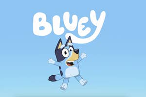Animated character Bluey the dog from the TV show "Bluey" jumping happily against a blue background with the show's logo above