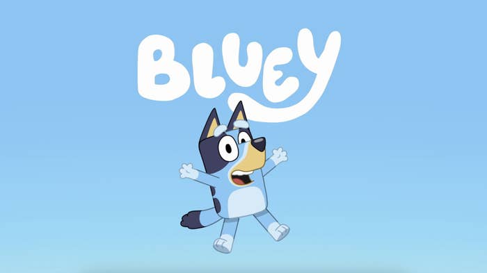 Animated character Bluey the dog from the TV show &quot;Bluey&quot; jumping happily against a blue background with the show&#x27;s logo above