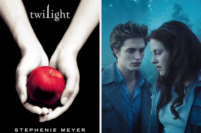 &quot;Twilight&quot; book cover with hands holding an apple and a film still of Bella and Edward close together