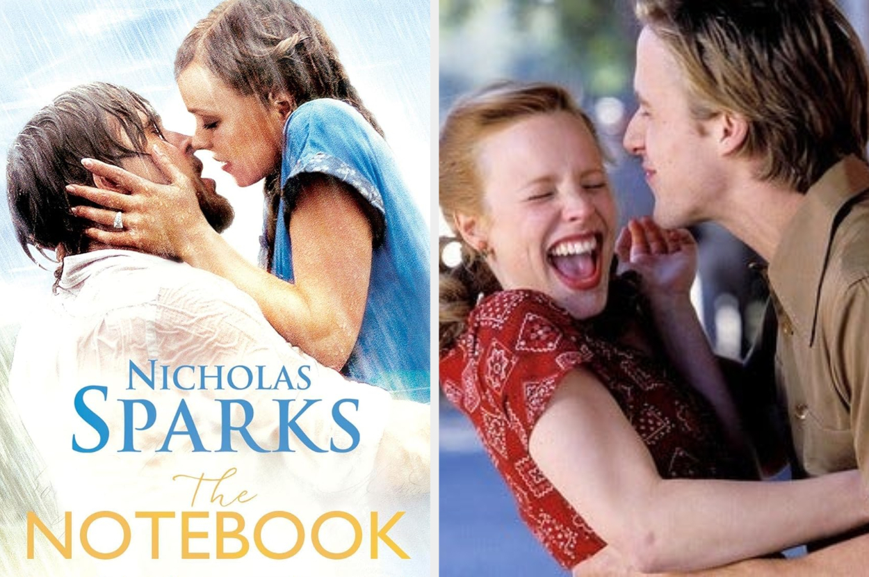 Cover for &quot;The Notebook&quot; by Nicholas Sparks with a couple embracing; film still of a smiling couple on the right