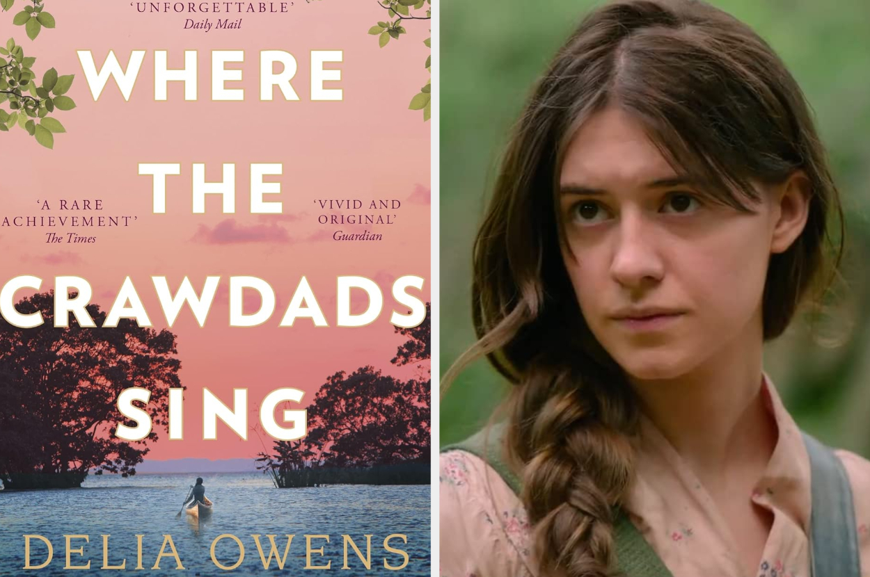 Book cover of &quot;Where the Crawdads Sing&quot; by Delia Owens next to a still of a character from the film adaptation