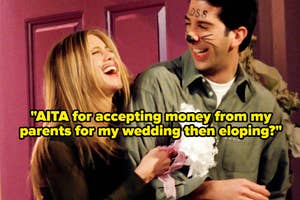 Summary of image text: Question asking if it's wrong to accept money for a wedding then elope