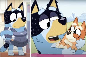 Animated characters from Bluey TV show, Bandit and Chili, interacting with each other