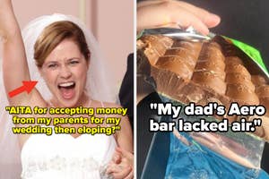 Two panels: Left has a bride mid-laughter with a caption about wedding funds. Right shows an Aero chocolate with missing air bubbles
