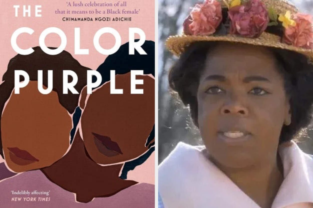 Book cover of &quot;The Color Purple&quot; by Alice Walker next to a still of character Celie from the film adaptation