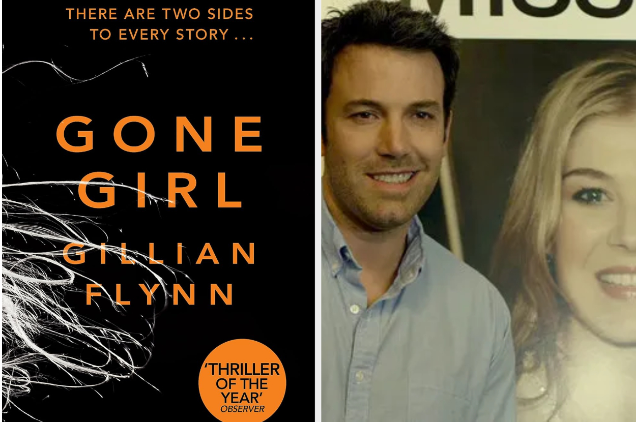 Book cover of &#x27;Gone Girl&#x27; by Gillian Flynn next to two smiling people, one male and one female