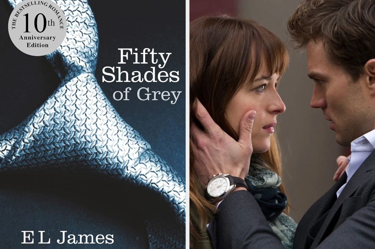 10th-anniversary edition cover of &quot;Fifty Shades of Grey&quot; next to a scene with characters Anastasia Steele and Christian Grey