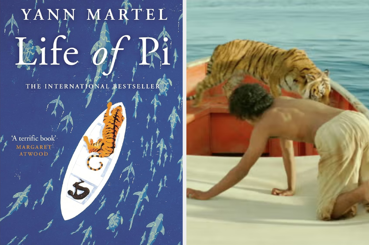 Book cover for &quot;Life of Pi&quot; by Yann Martel next to a scene from the film adaptation featuring a boy and a tiger on a lifeboat
