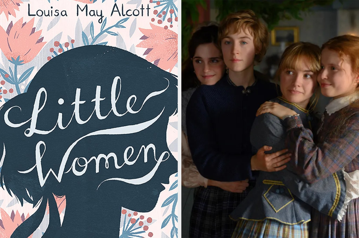 Book cover of &quot;Little Women&quot; by Louisa May Alcott next to a still from the film adaptation featuring the March sisters hugging