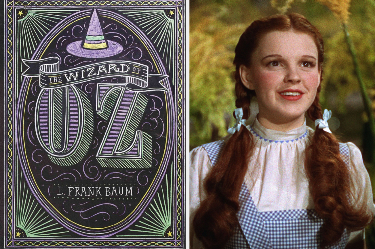 Book cover of &quot;The Wizard of Oz&quot; next to Dorothy, a character played by Judy Garland