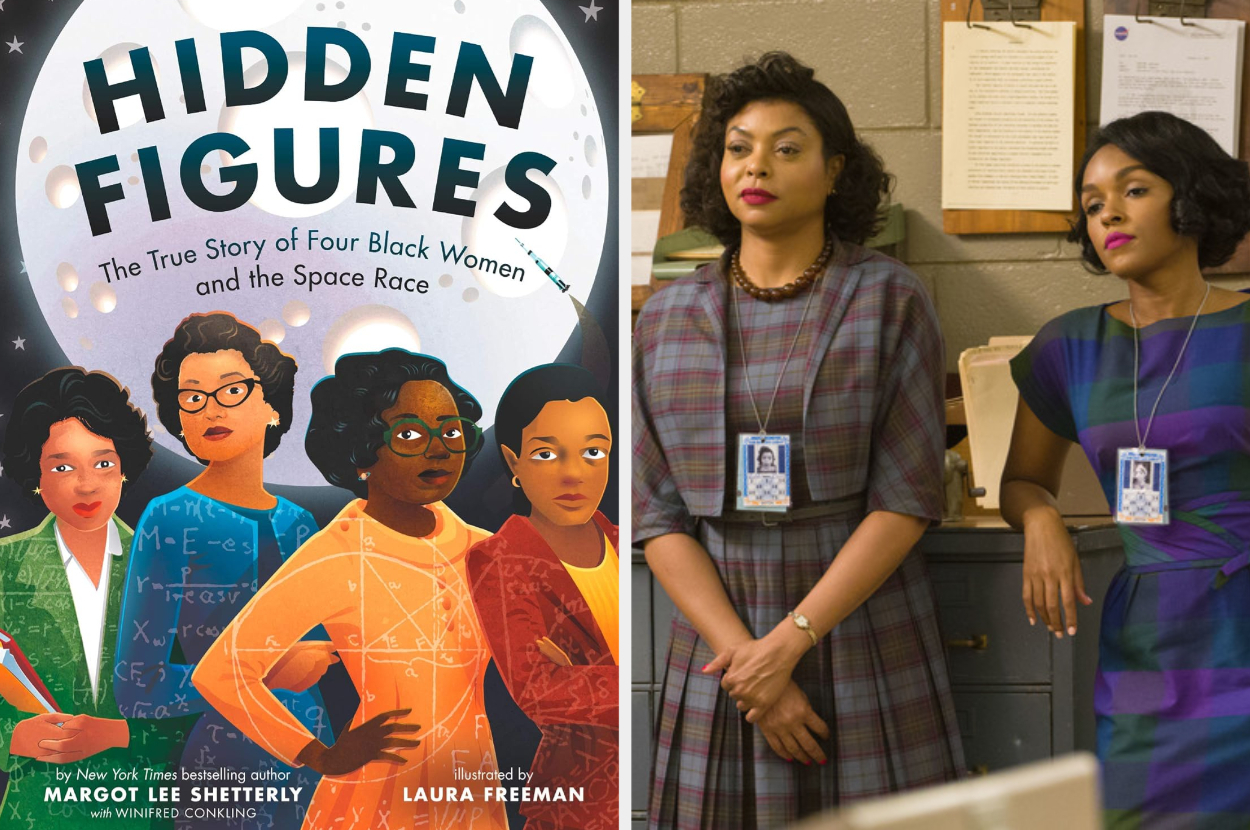 &quot;Book cover for &#x27;Hidden Figures&#x27; next to actresses portraying the characters in vintage attire in a historical office setting.&quot;