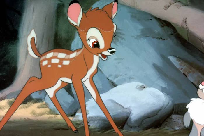 Bambi from &#x27;Bambi&#x27;, looking curious, stands next to Thumper the rabbit who is sitting down