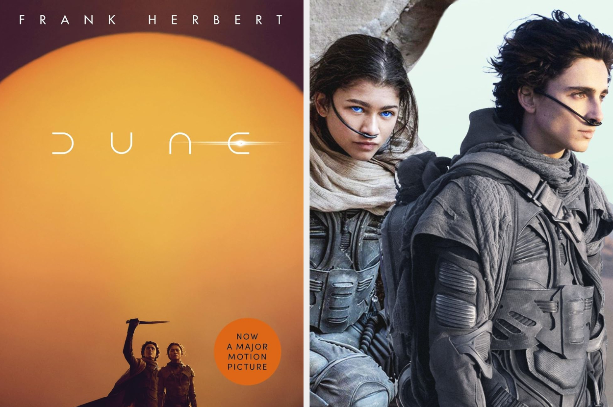 Book cover for &quot;Dune&quot; by Frank Herbert next to two characters in protective suits from the film adaptation