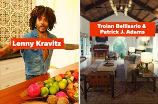 Split image; left: Lenny Kravitz in casual home attire, right: text "Troian Bellisario & Patrick J. Adams" over a living room view