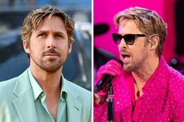 Male celebrity in a light suit on the left, and the same man performing in a pink shirt on the right