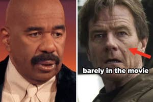 Split image with Steve Harvey on left, and a male actor with arrow and text "barely in the movie" on right