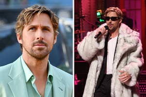 Left: A man in a teal suit jacket. Right: Same man performing in a white fur coat and sunglasses