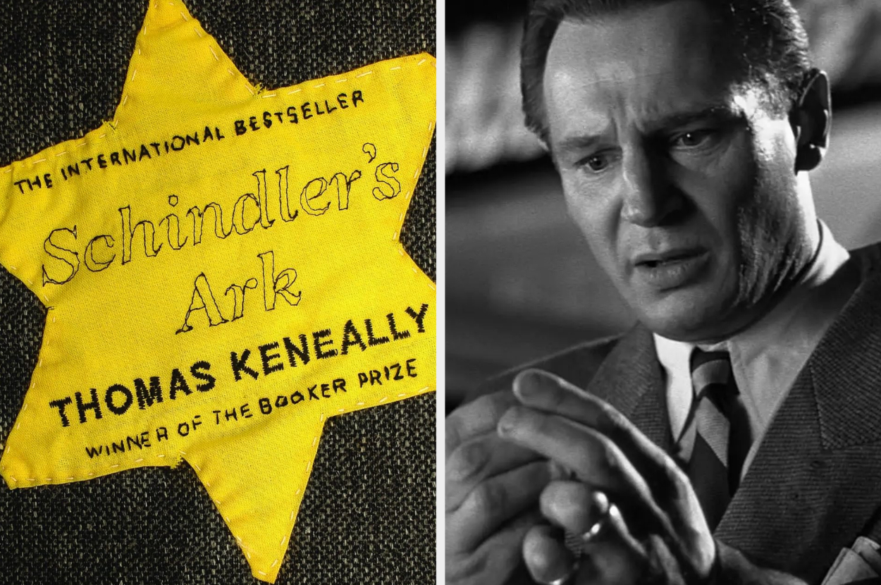 Cover of &quot;Schindler&#x27;s Ark&quot; book next to a still of Liam Neeson in character from the film adaptation
