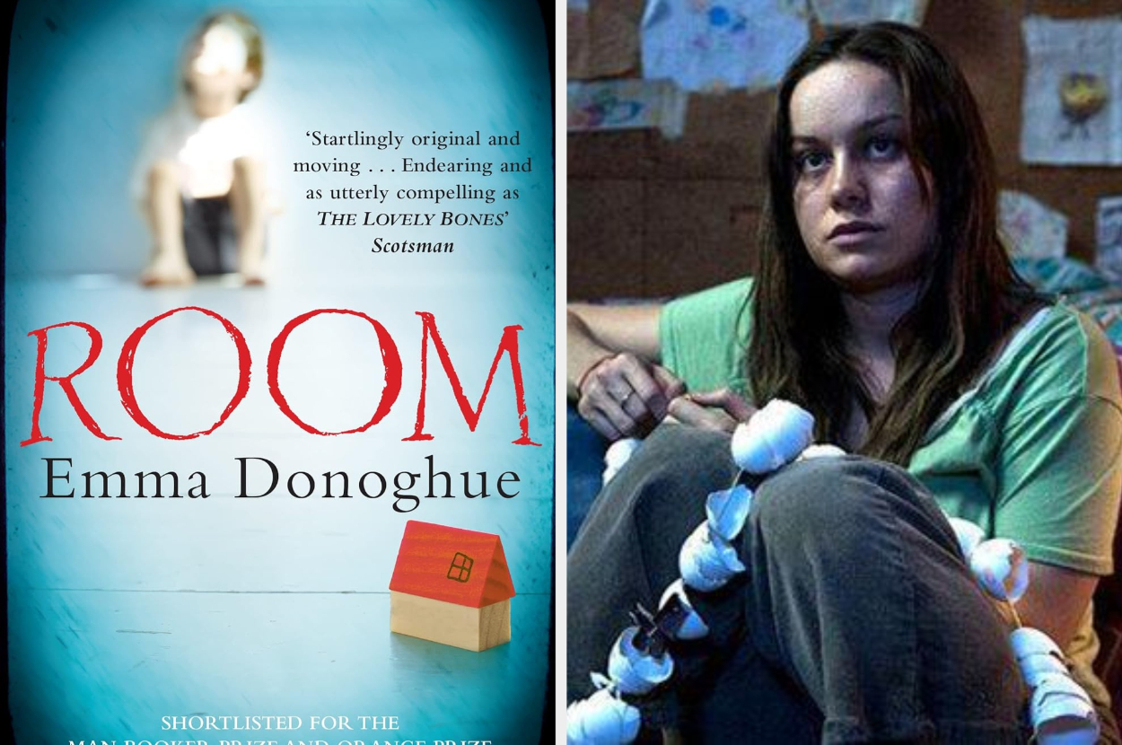 Book cover &quot;ROOM&quot; next to a still of actress in a green tee with patterned leggings, seated, looking thoughtful