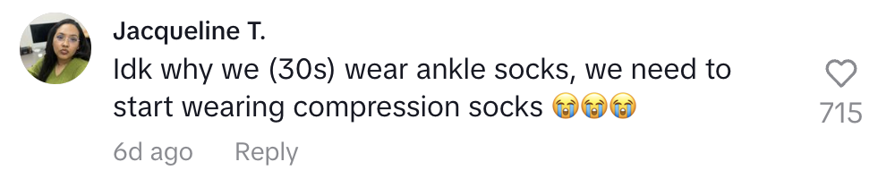 Comment by Jacqueline T. questioning why people wear ankle socks instead of compression socks, followed by laughing emojis