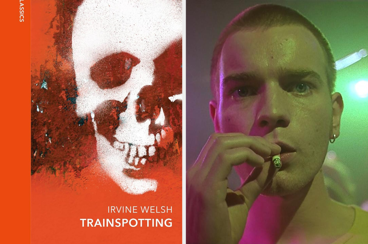 Book cover of &quot;Trainspotting&quot; by Irvine Welsh next to a man with a shaved head