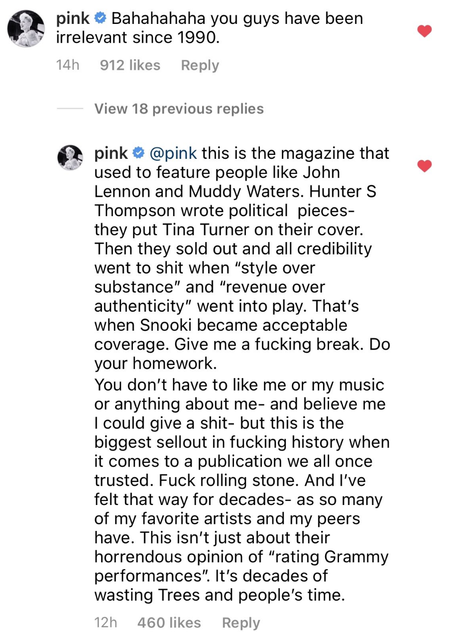 Pink responds to a comment on her Instagram, defending her authenticity and career, and dismissing the criticism with humor
