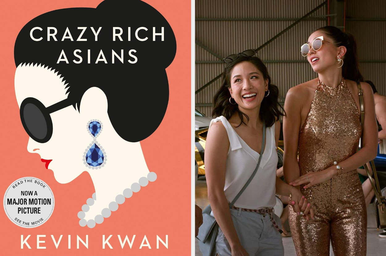 Movie poster for &quot;Crazy Rich Asians&quot; featuring illustrated profile and photo of two characters holding hands, laughing