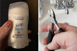 Two images side by side: Left - Hand holding a stick of Secret deodorant; Right - Hand gripping a pair of nail clippers