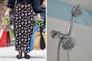 Person with shopping bags using a finger grip holder; Adjustable showerhead with water on