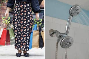 Person with shopping bags using a finger grip holder; Adjustable showerhead with water on
