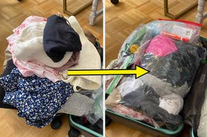 Before and after of a suitcase, first messy with clothes, then neatly packed with space-saving bags