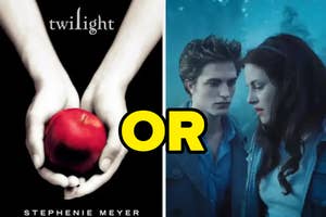 Two "Twilight" series book covers side-by-side: one with hands holding an apple, the other with Edward and Bella