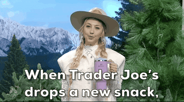 Woman in hat holds product, text overlay about snack release