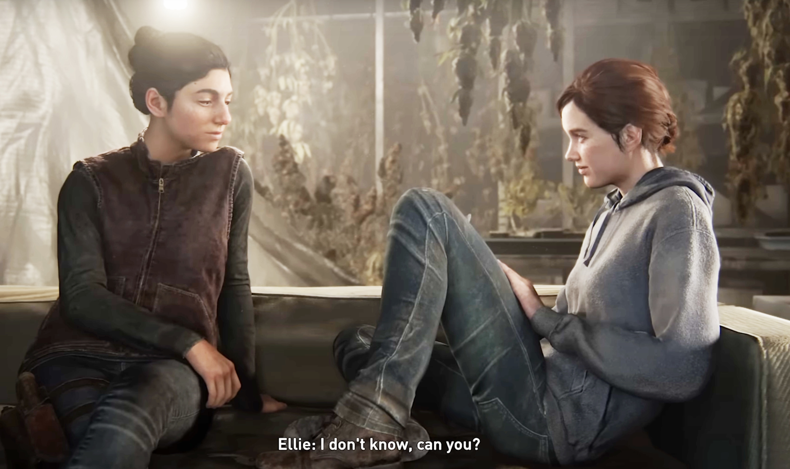Two animated characters, Ellie and another, are in a relaxed pose with dialogue text from a game scene
