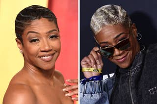 Two side-by-side photos of Tiffany Haddish with different hairstyles and outfits