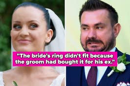 uneasy bride and cringing groom with the text, "The bride's ring didn't fit because the groom had bought it for his ex"