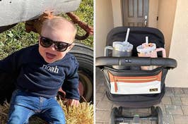 Infant in sunglasses and personalized shirt; stroller caddy with two cups. Ideal for parents on the go