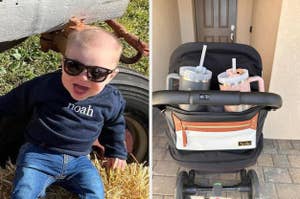 Infant in sunglasses and personalized shirt; stroller caddy with two cups. Ideal for parents on the go