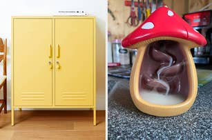 A retro yellow storage locker on the left and a whimsical mushroom-shaped incense burner on the right