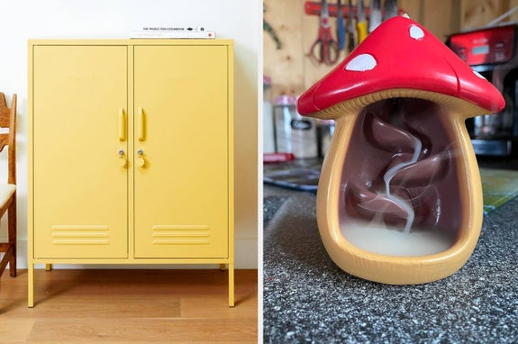 A retro yellow storage locker on the left and a whimsical mushroom-shaped incense burner on the right