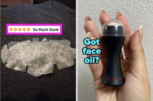A hand holding a Revlon face oil stick with text "Got face oil?" Next to a nose strip covered in oil with a caption and five-star rating titled "so much gunk"