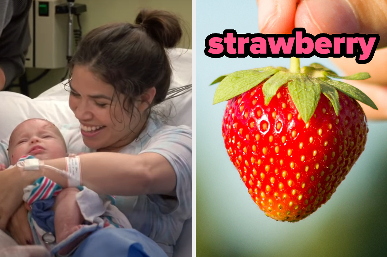 On the left, America Ferrera smiling and holding a baby in a hospital bed as Amy on Superstore, and on the right, someone holding a strawberry
