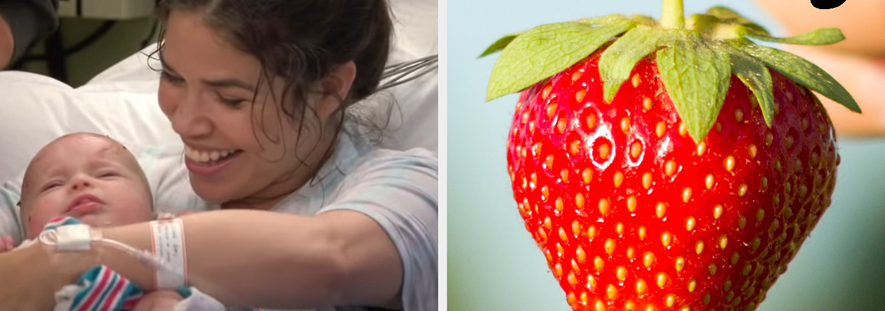 On the left, America Ferrera smiling and holding a baby in a hospital bed as Amy on Superstore, and on the right, someone holding a strawberry