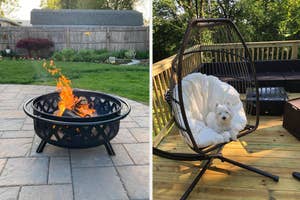 A fire pit with flames on the left; a small dog resting in a hanging chair with cushions on the right