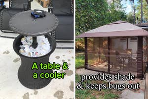 Dual-purpose cooler-table combo and a shaded gazebo with a screen for bug protection