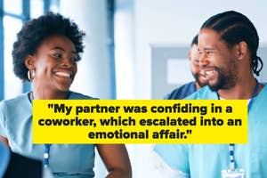 Two smiling healthcare workers interacting, with a quote about an emotional affair between coworkers