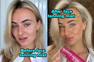 model before and after using face tanning mist
