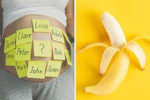 On the left, a pregnant belly covered in sticky notes with names written on them, and on the right, a half peeled banana