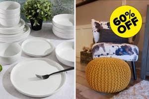Assorted white dinnerware on a table and a bedroom featuring a sale sign on a bedding set with a yellow pouf in front