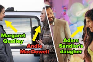 Margaret Qualley and Andie MacDowell converse beside a van; adjacent image, Adam Sandler's daughter smiles at an event
